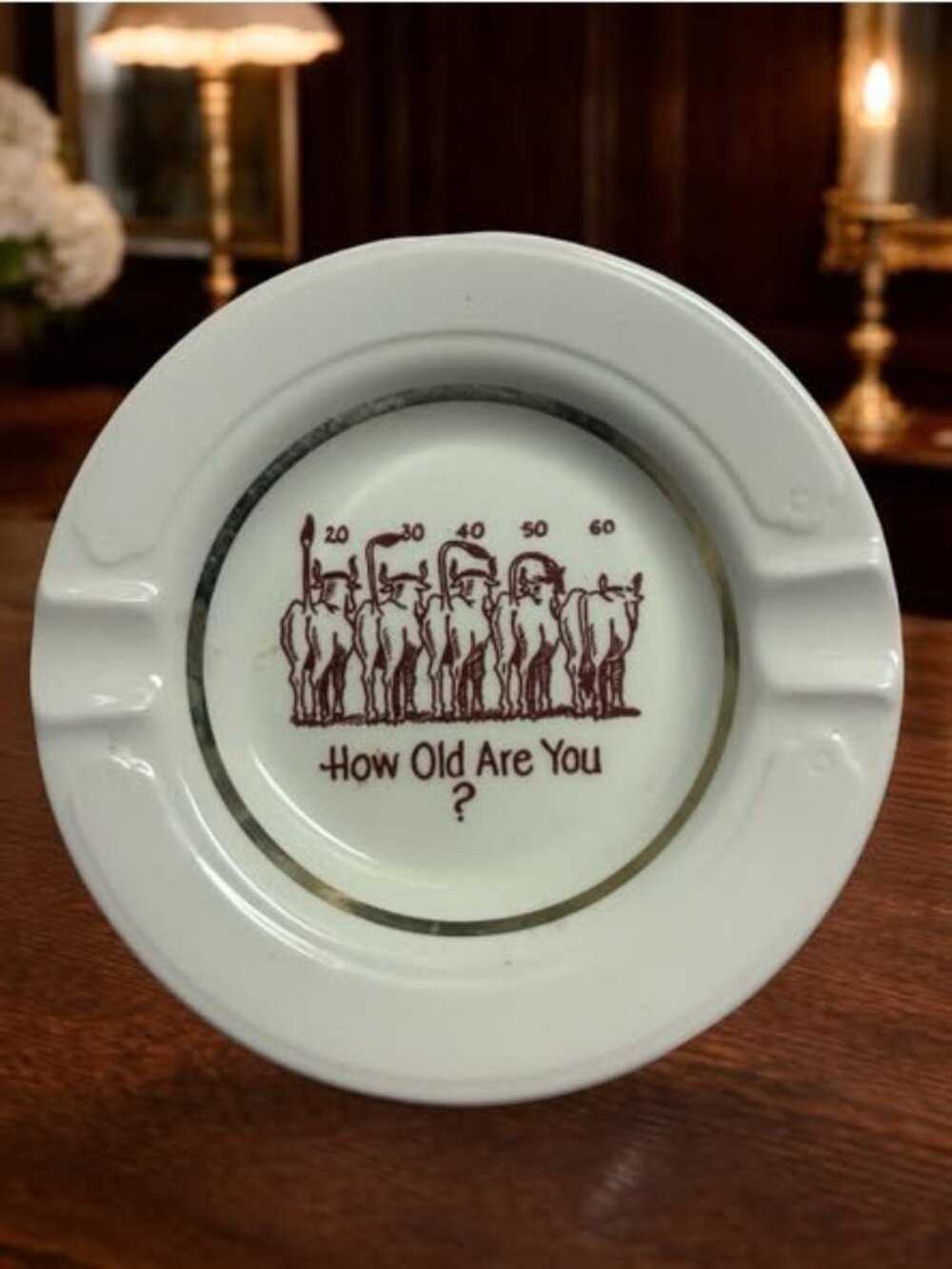 Vintage Ceramic Ashtray With Humorous "How Old Are You?" Design Cow Bull